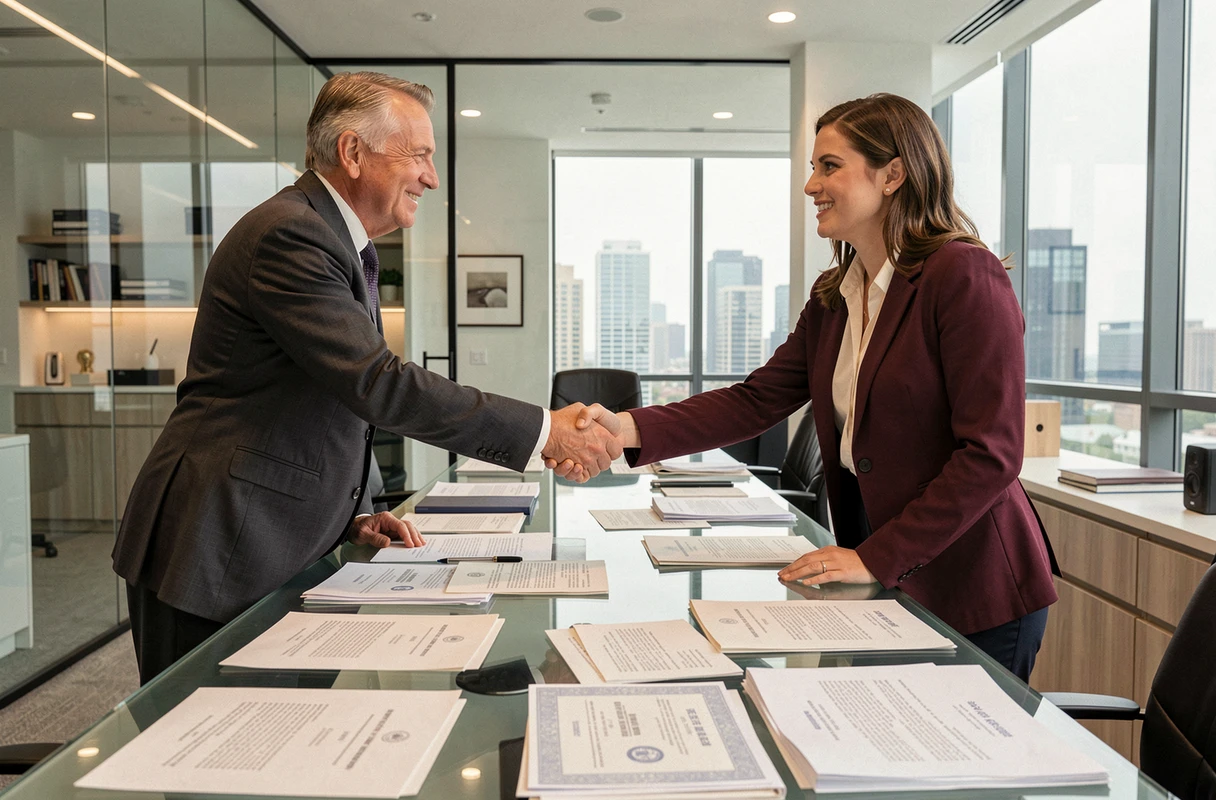 Deux professionnels signant un accord de convention fiscale bilatérale dans un bureau de cabinet juridique international moderne