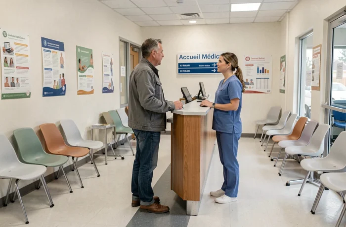 Patient s'adressant à l'accueil d'une maison médicale pour consulter un médecin de garde