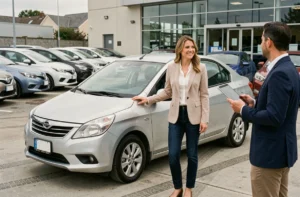 Une femme achetant une voiture d'occasion chez un concessionnaire Aramis Auto, discutant avec un vendeur devant un véhicule compact argenté