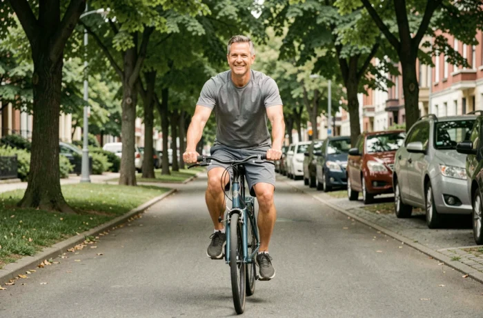 Un homme d'une quarantaine d'années faisant du vélo sur une piste cyclable urbaine bordée d'arbres
