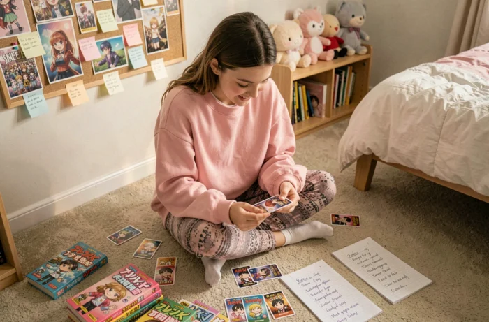 Adolescente entourée de cartes de personnages de dessins animés et de listes alphabétiques dans sa chambre