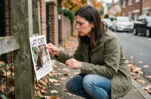 Femme qui colle une affiche de chat perdu sur un poteau dans une rue résidentielle en automne