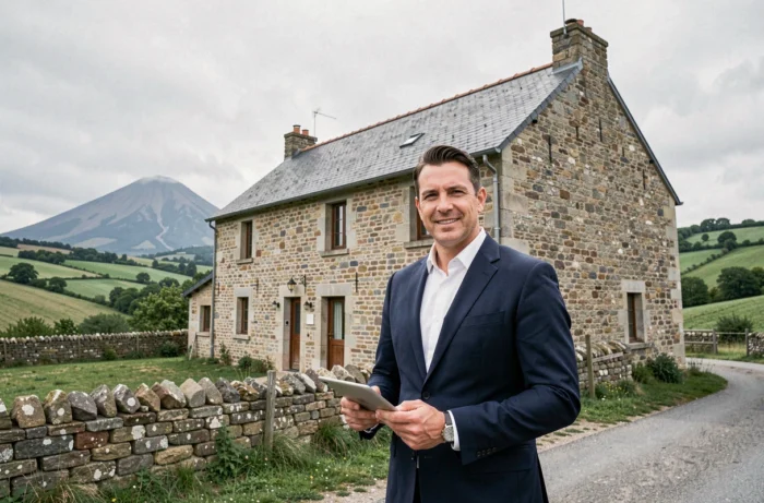 Agent immobilier présentant une ferme en pierre traditionnelle dans un village rural de Haute-Loire