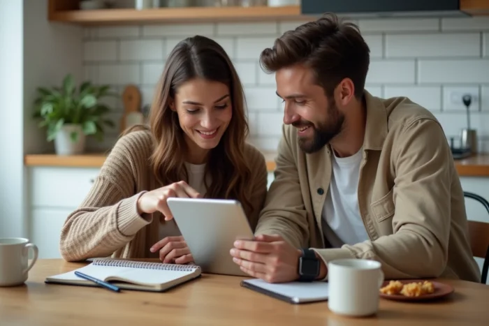 Deux amis consultant ensemble une solution Room et Exit chapitre par chapitre sur une tablette dans une cuisine moderne