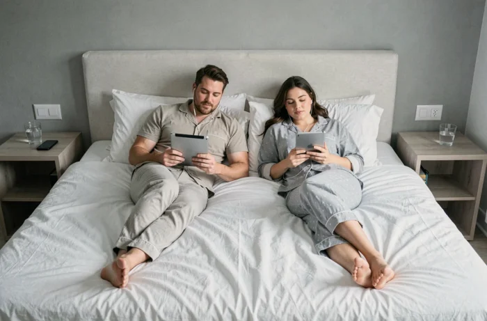 Deux amis regardant des séries en streaming HD sur tablettes dans une chambre moderne avec sous-titres