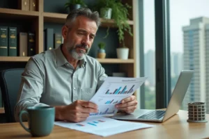 Comptable analysant des documents d'amortissement immobilier pour une place de parking dans un bureau moderne