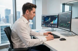 Analyste financier examinant des graphiques d'investissement et des données de plateforme en ligne sur des écrans d'ordinateur dans un bureau moderne
