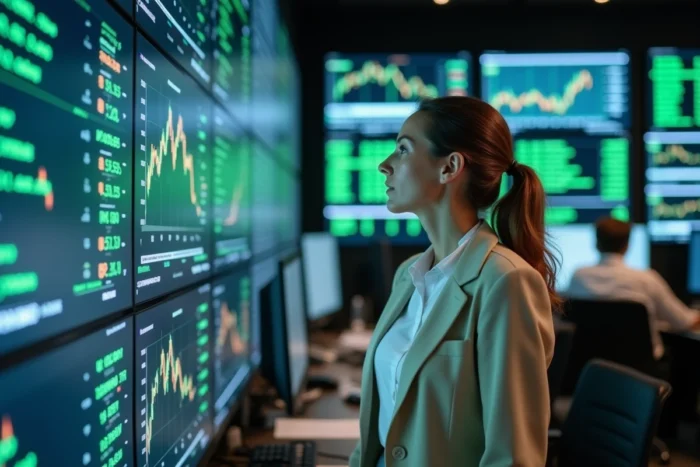 Femme analyste financière observant les indices boursiers mondiaux sur un tableau de cotations en salle de marchés