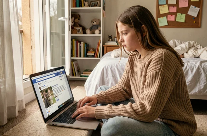 Adolescente postant une annonce de chat disparu sur un groupe Facebook local depuis sa chambre