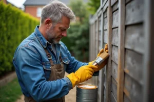 Homme appliquant une lasure Parkside Lidl sur une clôture en bois dans un jardin, avec un pinceau large et des gants de protection