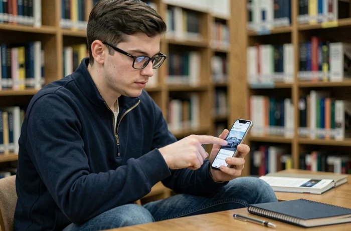 Jeune homme révisant le code de la route sur une application smartphone dans une bibliothèque publique