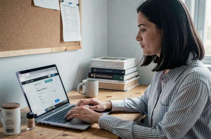 Femme consultant son avis sur une commande Space NK France sur un ordinateur portable dans un bureau à domicile cosy