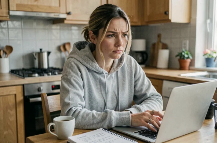 Femme sceptique évaluant une formation business en ligne sur son ordinateur depuis chez elle, questionnant la légitimité d'une formation comme Ecom Boss