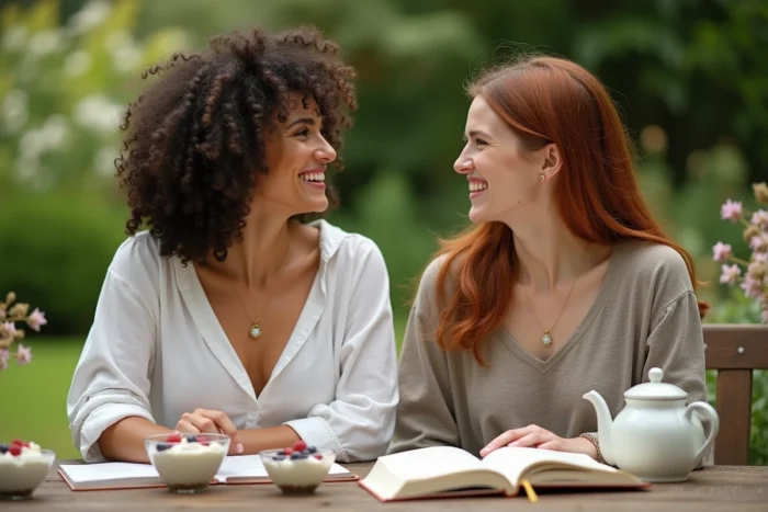 Deux femmes partageant un moment convivial autour de recettes santé et de journaux beauté dans un jardin verdoyant avec yaourt aux fruits rouges et tisane