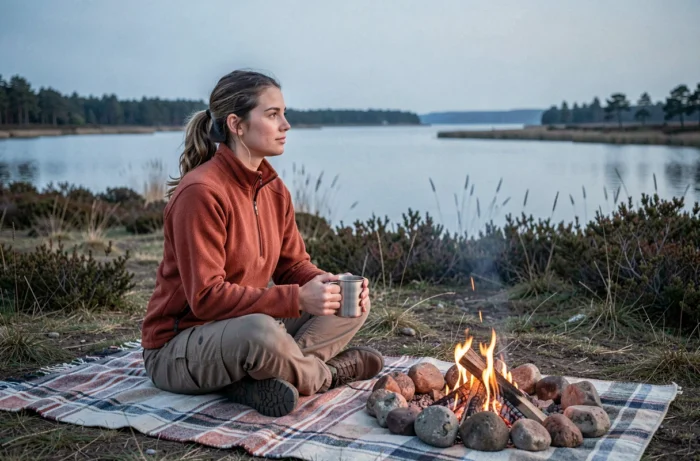 Femme en pause au bord d'un lac landais lors d'un bivouac en pleine nature