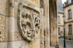 Sculpture en pierre du blason de la ville de Lille avec fleur de lis sur façade gothique ancienne