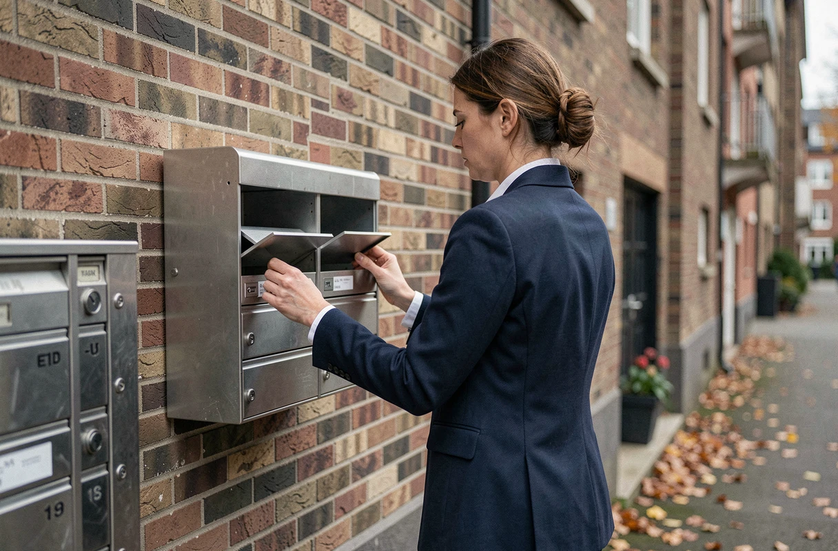 Femme découvrant une boîte aux lettres vide en attendant un colis Zara