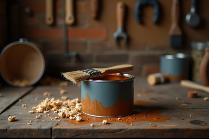 Boîte de lasure ouverte avec un pinceau usagé posé dessus sur un établi en bois dans un atelier de bricolage