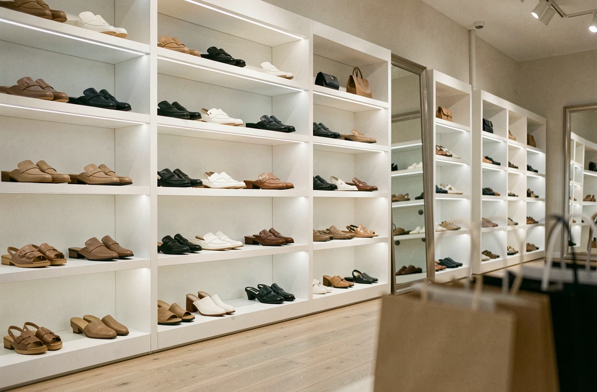 Vitrine intérieure d'un magasin San Marina avec plusieurs modèles de chaussures en cuir exposés sur des étagères blanches