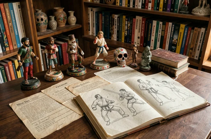 Bureau de collectionneur avec figurines mexicaines et sketchbook d'animation illustrant l'univers de la série Seis Manos
