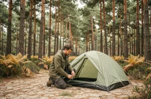 Randonneur installant sa tente en camping sauvage dans la forêt de pins des Landes