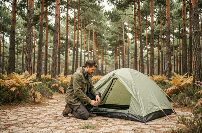 Randonneur installant sa tente en camping sauvage dans la forêt de pins des Landes