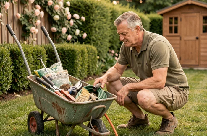 Homme d'âge mûr inspectant un chariot de jardin rempli d'outils et d'équipements d'entretien dans un jardin résidentiel soigné