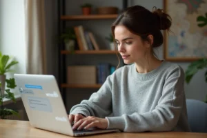 Femme utilisant le chat de l'espace membre d'une plateforme d'annonces en ligne depuis son bureau à domicile