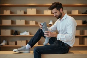 Homme en magasin de chaussures comparant la taille de chaussettes avec une pointure 42