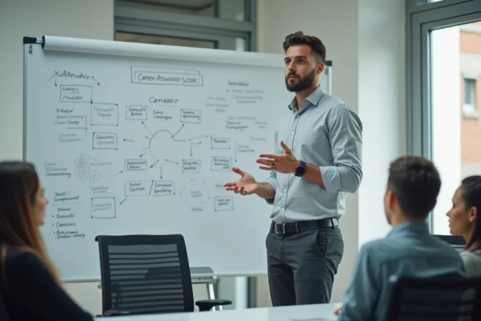 Jeune homme présentant un plan de carrière sur un tableau blanc lors d'une session de coaching professionnel, services Jeune et Actif pour la réussite professionnelle