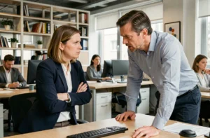 Collègue de travail adoptant un comportement inapproprié face à une collaboratrice mal à l'aise dans un bureau en open space