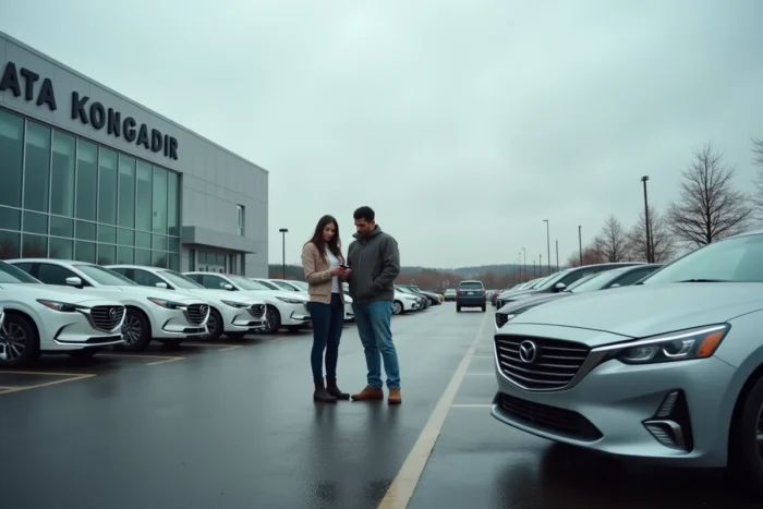 Un couple examine une voiture d'occasion dans un grand parking de concessionnaire automobile