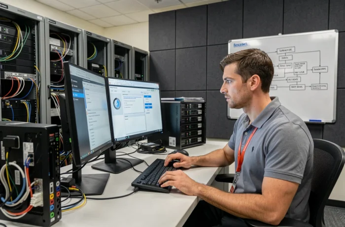 Technicien informatique configurant un système de contrôle d'accès par badge sur ordinateur dans une salle de sécurité