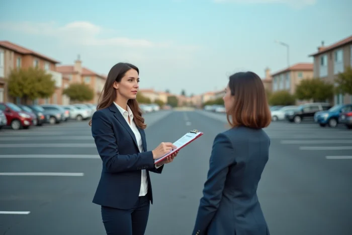Conseillère immobilière présentant les caractéristiques d'une place de parking extérieure pour un investissement locatif