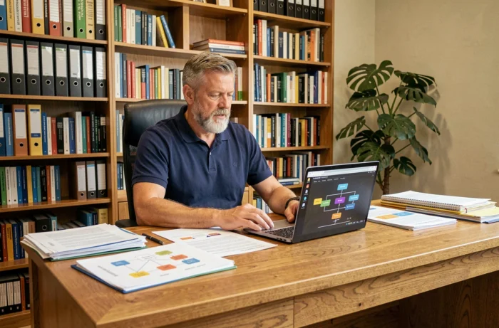 Homme consultant la structure détaillée d'un site internet avec des schémas imprimés et un ordinateur portable dans un bureau à domicile