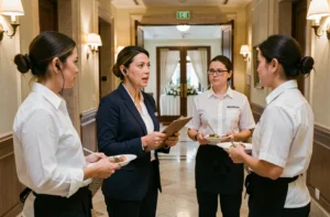 Coordinatrice d'événement briefant une équipe de personnel extra en uniforme dans un couloir de salle de réception hôtelière