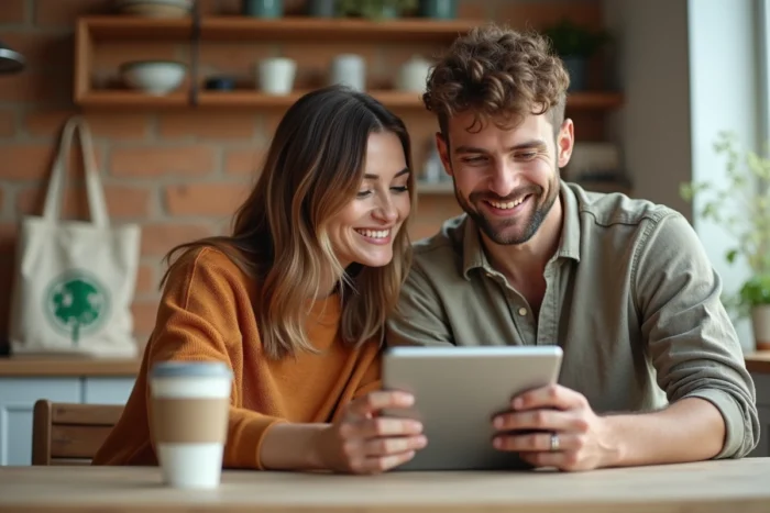 Couple comparant le classement des banques écologiques françaises sur une tablette dans leur cuisine