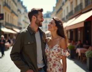Couple souriant dans une rue parisienne ensoleillée, homme et femme élégants partageant un moment complice devant une architecture haussmannienne