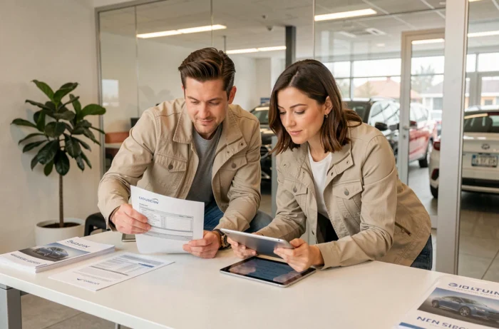 Un couple consultant les documents d'une voiture d'occasion avec un conseiller Aramis Auto dans un bureau de concession moderne