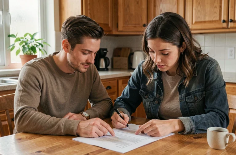 Couple examinant des documents de prêt immobilier à leur table de cuisine pour financer leur achat immobilier