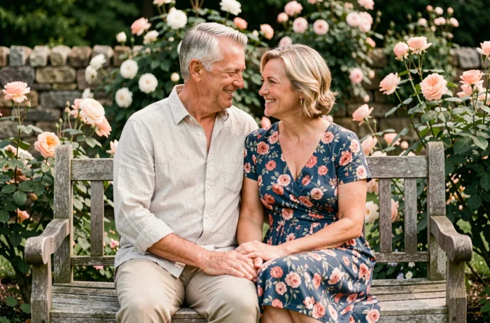Couple de la cinquantaine assis ensemble dans un jardin fleuri partageant un moment complice et souriant