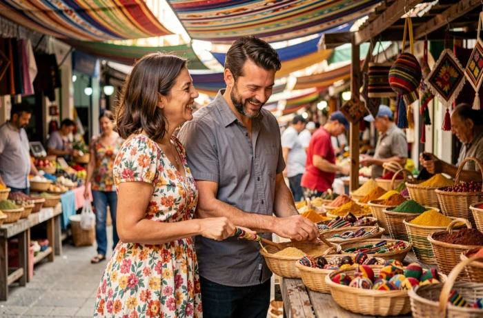 Couple explorant un marché artisanal coloré à l'étranger, examinant des souvenirs locaux avec enthousiasme