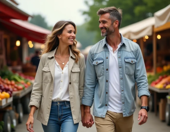 Couple décontracté se promenant main dans la main dans un marché provençal coloré, ambiance chaleureuse et authentique de la campagne française