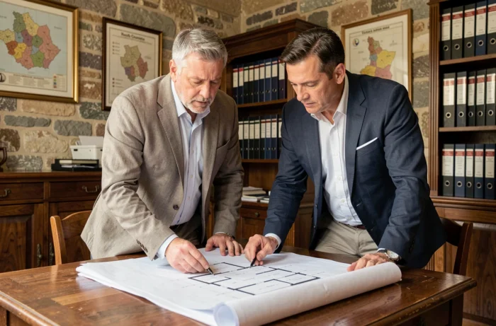 Couple étudiant des plans immobiliers dans un bureau notarial traditionnel en Haute-Loire