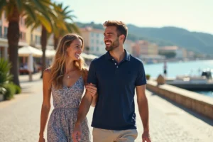 Couple complice se promenant sur une promenade méditerranéenne ensoleillée, illustrant la vie amoureuse d'un footballeur professionnel