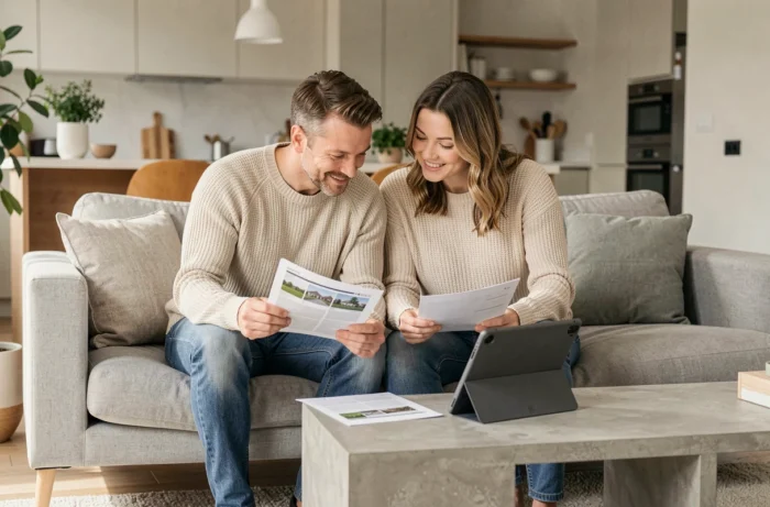 Couple étudiant des annonces immobilières sur tablette et documents dans un salon scandinave