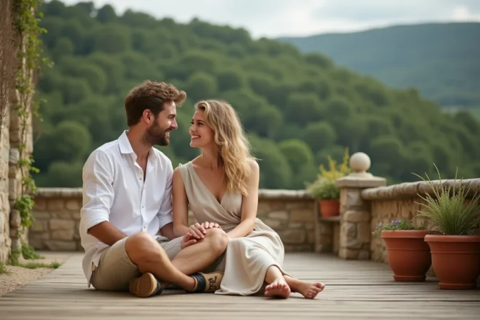 Couple détendu sur une terrasse en bois dans le sud de la France, illustrant la vie privée et amoureuse d'un footballeur professionnel