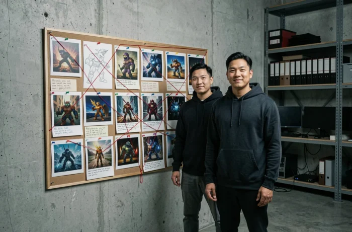 Deux créateurs devant un tableau de production en studio, analysant des planches d'animation liées à Seis Manos et Castlevania