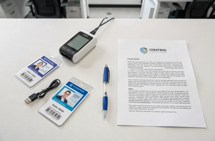 Vue de dessus d'une collection de badges d'accès entreprise et d'un programmeur NFC sur un bureau de bureau minimaliste