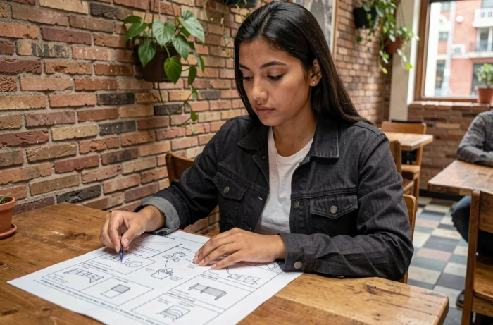 Femme latina étudiant un scénario dans un café mexicain, évoquant les coulisses créatives d'une série d'animation